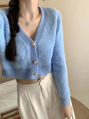 Hnewly  Fuzzy Knit Sweater Cardigan Women  Long Sleeve V-Neck Button Front Short Shrug Cardigan Teen-girl Fall Winter Y2K Outfit