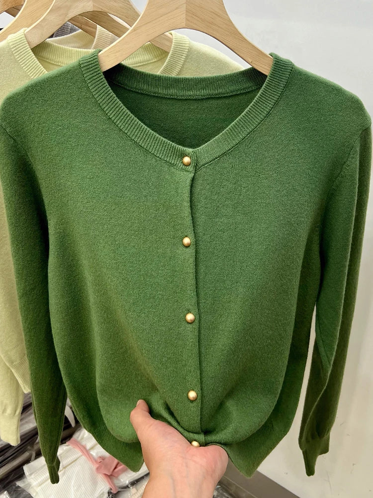 Hnewly  Gold Button Long Sleeve Sweaters Cardigan for Women Spring Autumn O-Neck Button-up Knit Jacket Tops Knitwear Basic Tops