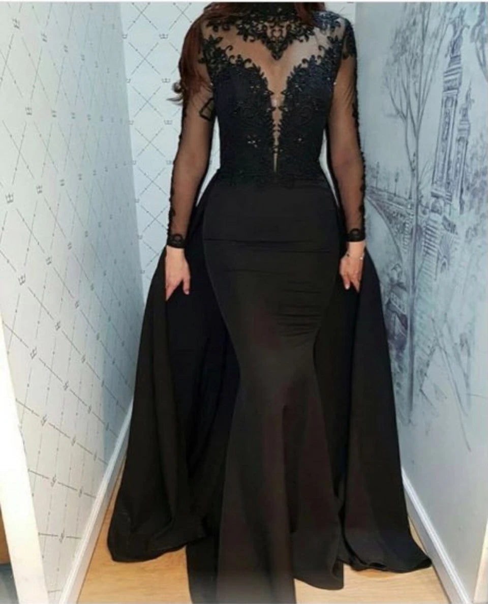 Hnewly  Black Mermaid Evening Dresses Elegant Women Formal Party Night Sexy High Neck Lace Appliques Illusion Satin Long Prom Gowns formal dress