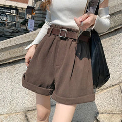 Corduroy Shorts Women A-line High Waist Elegant Loose Korean Style Casual All-match Vintage Young Lady Wide Leg Female Chic Ins