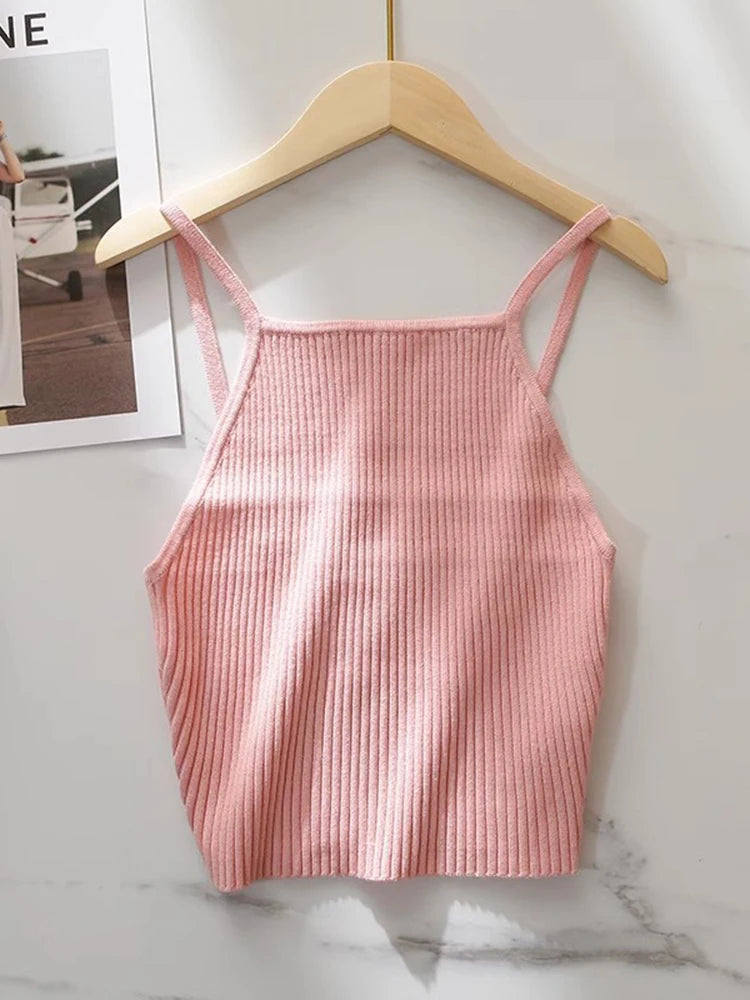 Hnewly Women Slim Knitted Camis Summer Fashion Ladies Vintage Blackless Tank tops Female Cute Sweet Solid Color Cropped Tops