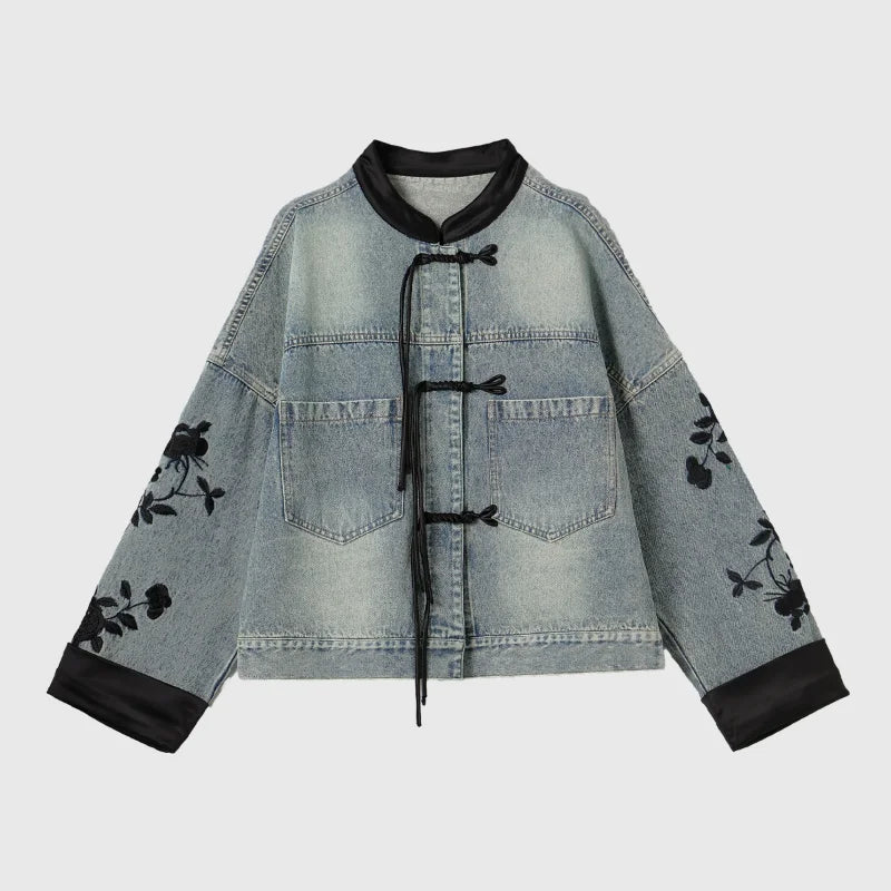 Hnewly  New Chinese Style Stand Collar Denim Jackets Spring  Embroidery Coat Women Y2k E-Girl Long Sleeve Loose Tops Mujer