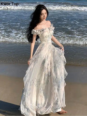 Hnewly Fashion Bohemian Print Long Dresses France Elegant Ruffles Strap Beach Holiday Vestidos Summer Korean A-line Robe Women