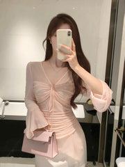 Hnewly Elegant Chiffon Lace Thin Blouse Women Casual Office Lady Beach Style Shirts Outwear Tops Korean Fashion Summer Chic V-Neck