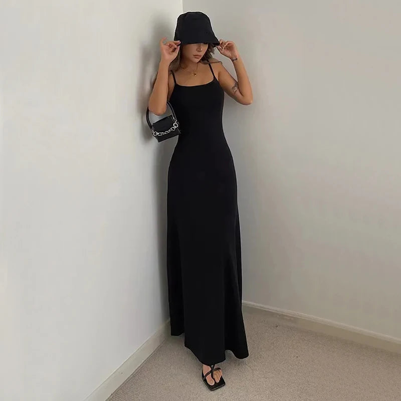 Hnewly Summer Autumn Bodycon Women Dress Sexy Spaghetti Strap Sleeveless Solid Floor Length Dress Fashion Elegant Party Night Vestidos