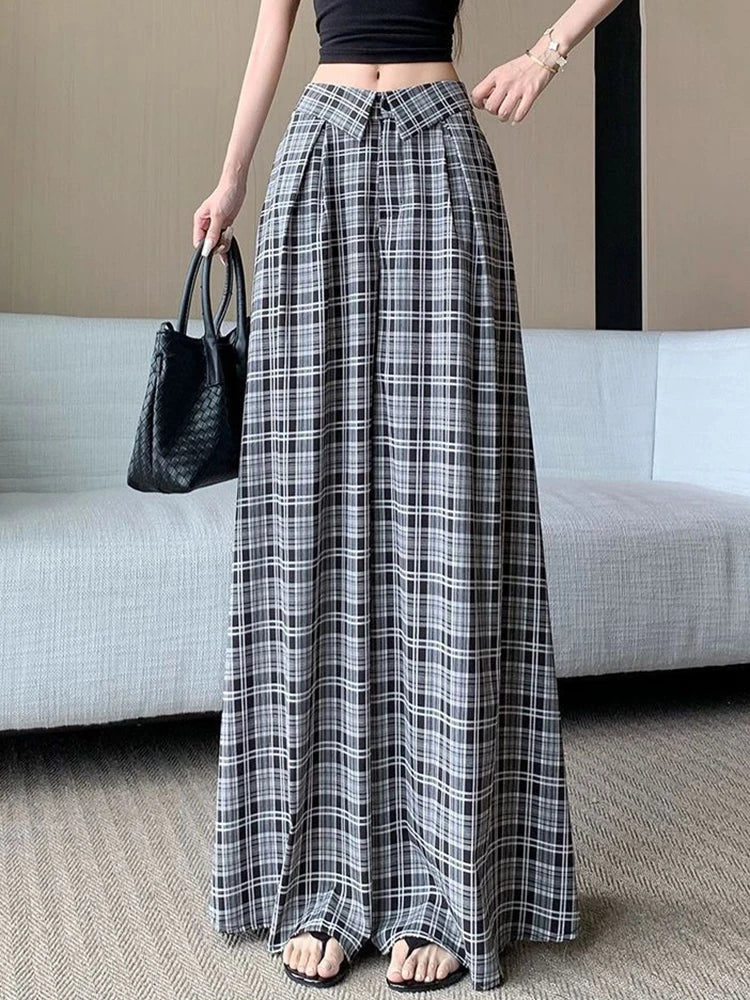 Hnewly Chic Plaid Wide Leg Pants Women Fashion Oversize Loose High Waist Straight Trousers Summer Korean Lady Elegant Korean Pant