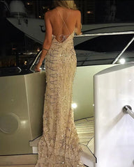 Hnewly  Sexy Chanpagne Mermaid Sequined Dresses Women Long Luxurious V-Neck Spaghetti Straps Night Club Bodycon Party Prom Gowns