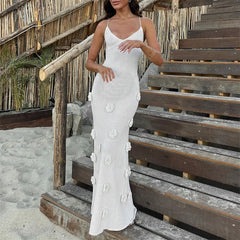 Hnewly Beach Dress Wear Women Summer 3D Flower Spaghetti Strap Sleeveless Backless Long Dresses Knitted Party Dresses