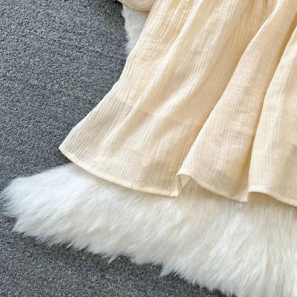 Hnewly  Tassel Patchwork V-neck Vacation Dress Sweet Lantern Sleeves Loose Mid Length A-line Dresses Elegant Embroidery Beach Vestido