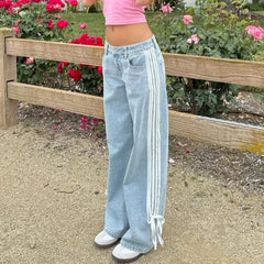 Hnewly  Women Vintage y2k Side Striped Bow Tie Jeans Boyfriend Low Rise Baggy Straight Wide Leg Jeans Casual Loose Fit Denim Pants