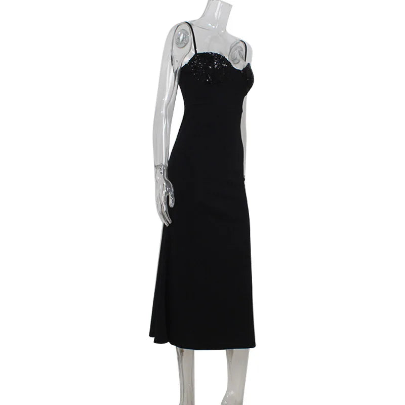 Hnewly Women's New Fashionable and Elegant Sleeveless Strap with sequins Splicing Waist cinching and slimming Dress