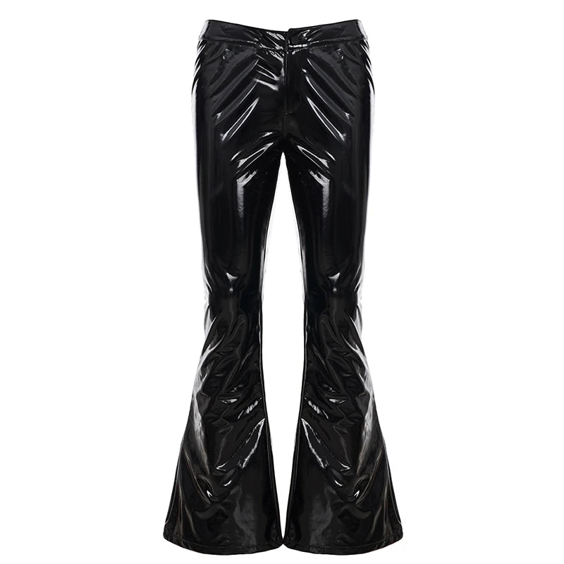 Hnewly  Black High Street Punk PU Leather Low Rise Flare Pants Gothic y2k Skinny Pant Streetwear 90s Trousers Club Outfits
