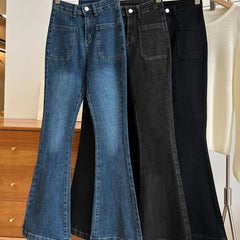 Hnewly  New High Waist Trousers Loose Washed Jeans Pockets Slim Denim Flare Classic Women Vintage Stretch Straight Trousers All-match