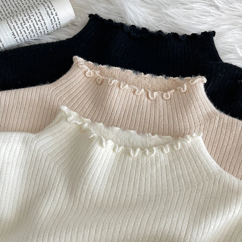 Hnewly  Lace Edge Half High Collar Sweater Autumn Winter New Women's Long Sleeve Top Warm Solid Color Slim Basic Knit Pullover