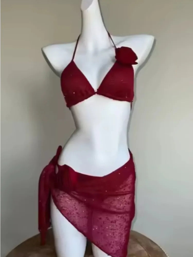 Hnewly  Fairy Sweet High Waist 4-Piece Split Bikini Set For Women - Print Trendy Swimwear Chic Beach Vacation Summer Party Fashion