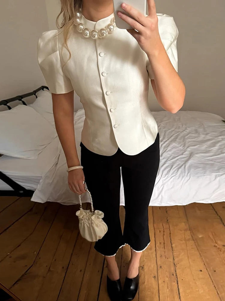 Hnewly  Stylish Puff Sleeves Tops Women Slim Single-breasted Waist-cinching Round Neck Coats New Ladies Spring Summer Solid Outwear