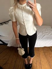 Hnewly  Stylish Puff Sleeves Tops Women Slim Single-breasted Waist-cinching Round Neck Coats New Ladies Spring Summer Solid Outwear