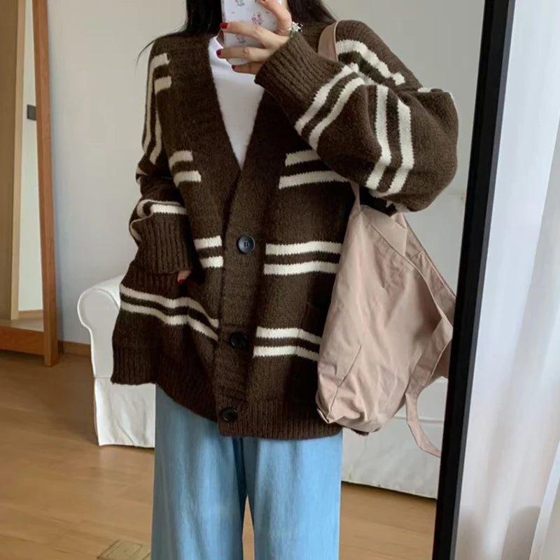 Hnewly  Women Cardigan Sweater Striped V-neck Button-up Sweater Jacket Comfy Cozy Slouchy Cardi Autumn Winter Casual Outfit