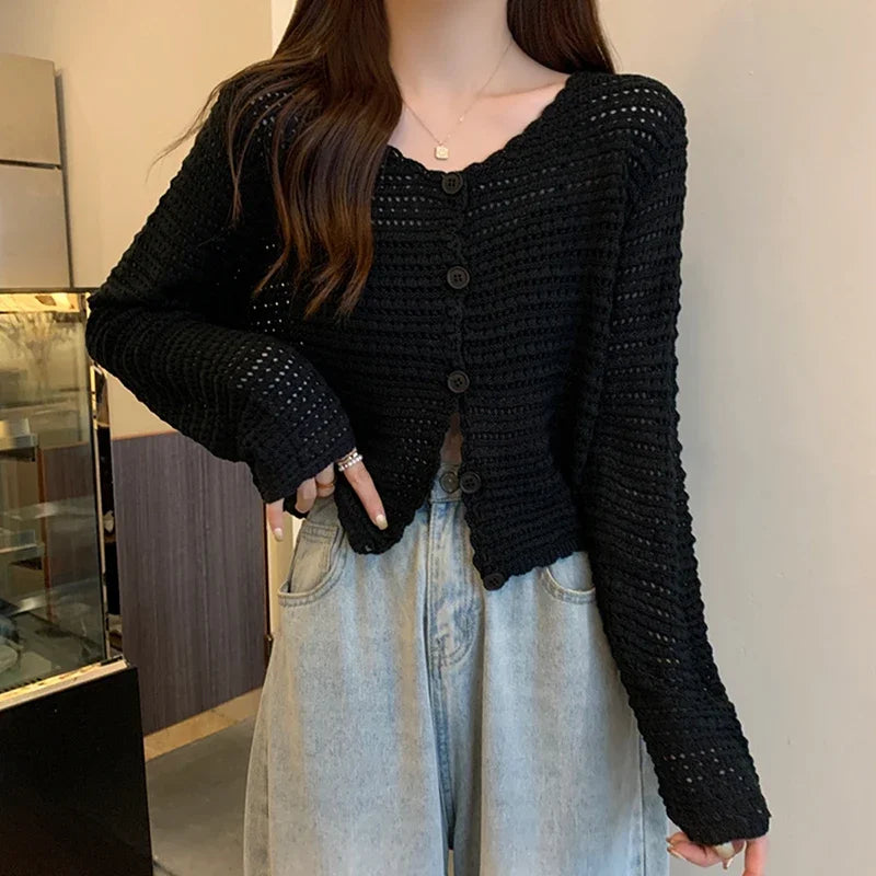 Hnewly  Women Button Up Short Cardigan Knitted Shirt Hollow Out Crochet Crop Top Long Sleeved Thin Cover Up Teen-girl Casual Outfit