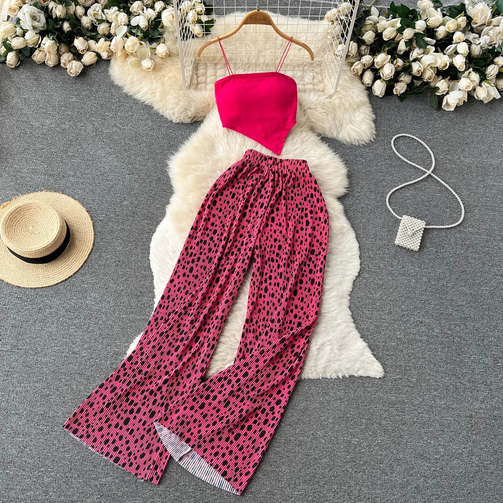 Hnewly Summer Spaghetti Strap Crop Tops and Pantsuit Women Elegant Floral Casual Chic Beach Holiday Outfits Female Sexy 2 Pieces Set