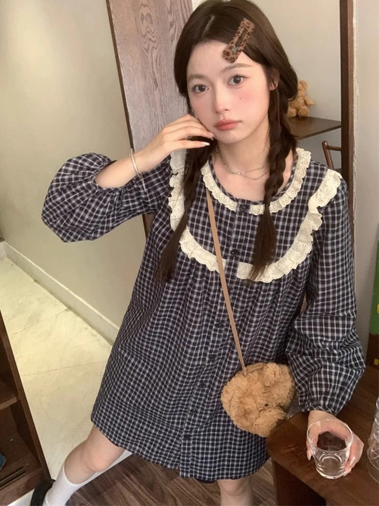 Hnewly Vintage Cute Plaid Dress Women Loose Lace Patchwork Long Sleeve Mini Dress Japan Retro Female Casual Kawaii Vestidos New