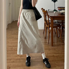 Hnewly  American Retro Cargo Skirt for Women Summer Drawstring Design High Waist Mid-Length Skirt Woman Y2K Streetwear Pocket Skirts