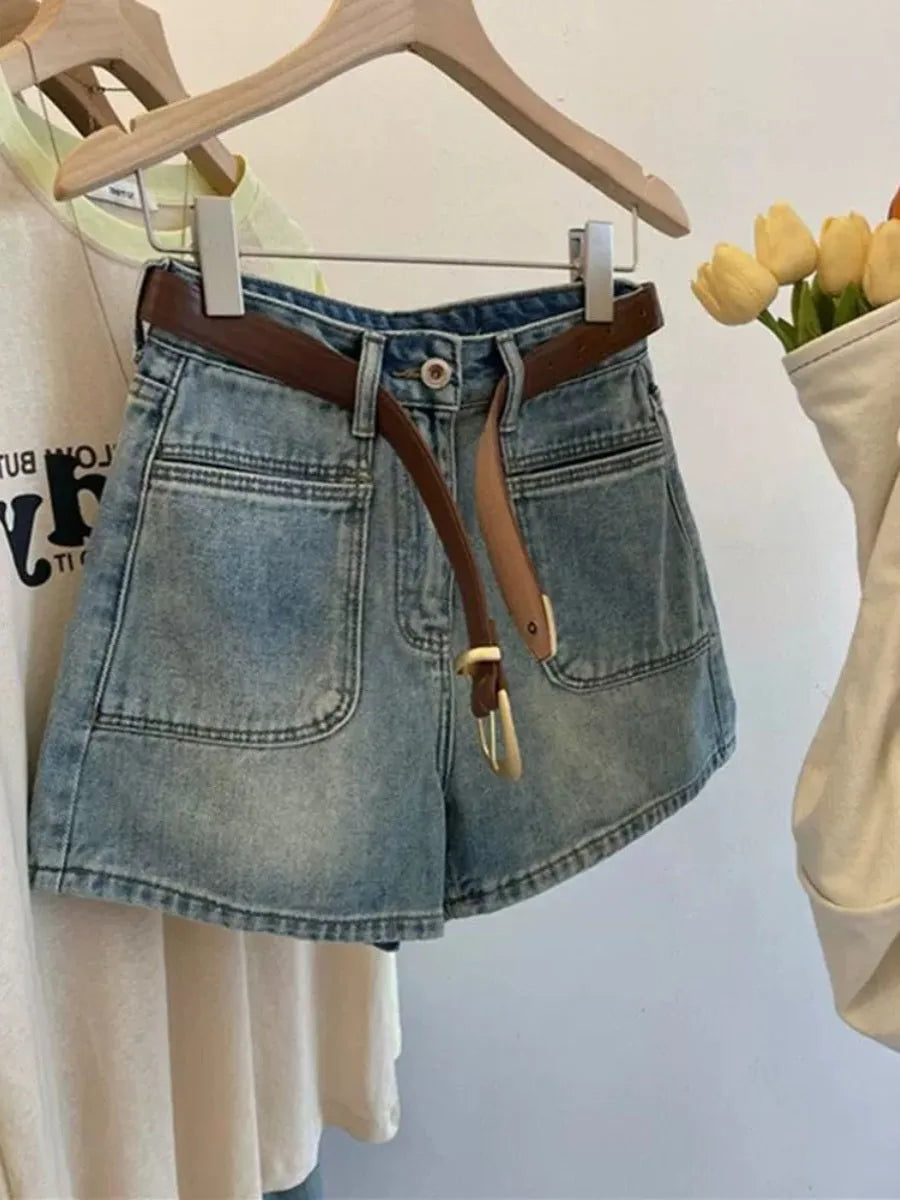 Hnewly  Retro Denim Shorts for Women's Summer New High Waisted Loose Wide leg Short Pants Fashion A-line Hotpants Oversized S-5XL