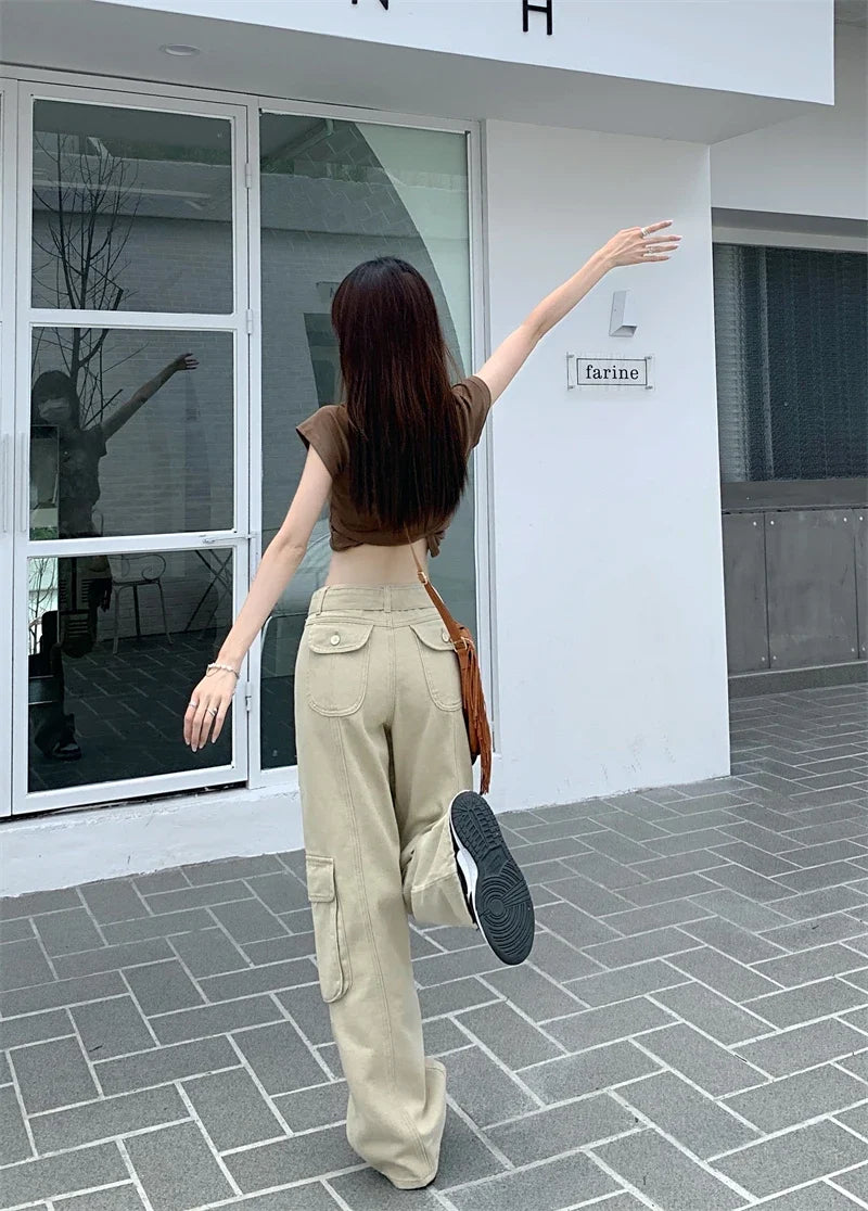 Hnewly American Spice Girls Pink Jeans High Waist Vintage Street Multi Pocket Cargo Pants Women Design Sweet Cool Wide Leg Pants New