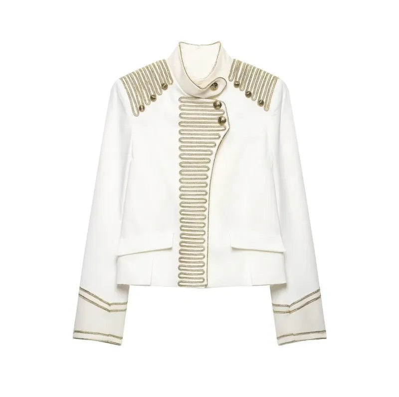 Hnewly  Women Military Style Jacket Gold Tassel Trim Stand Collar Short Coat Royal Court Fashion Outerwear Autumn Winter Tops
