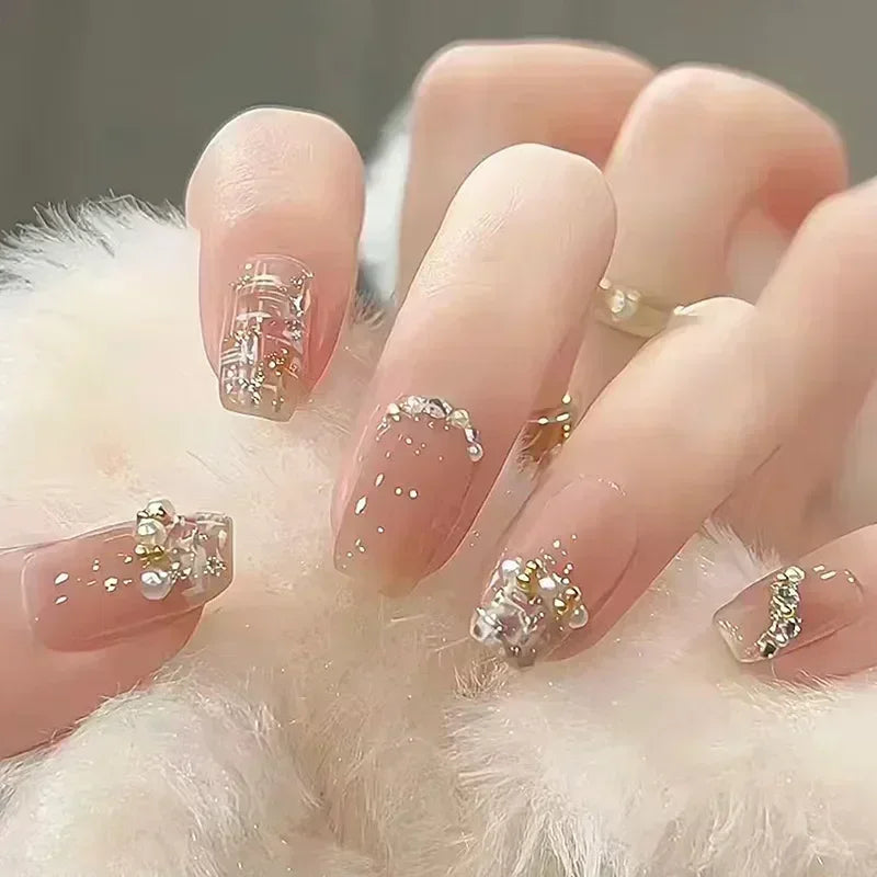 Hnewly 24pcs Detachable Short Press on Nails Y2k rhinestone False Nails with Glue Ballet Sweet Cool Girls Artificial False Nails Tips