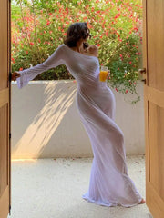 Hnewly  Backless Long Sleeve See-Through Cover Up Dress For Vacation