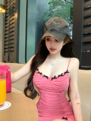 Hnewly  Woman Dress Bow Sleeveless Slash Neck Sexy Ruched Backless Summer Fashion Chic Mini Dresses Elegant Party Female