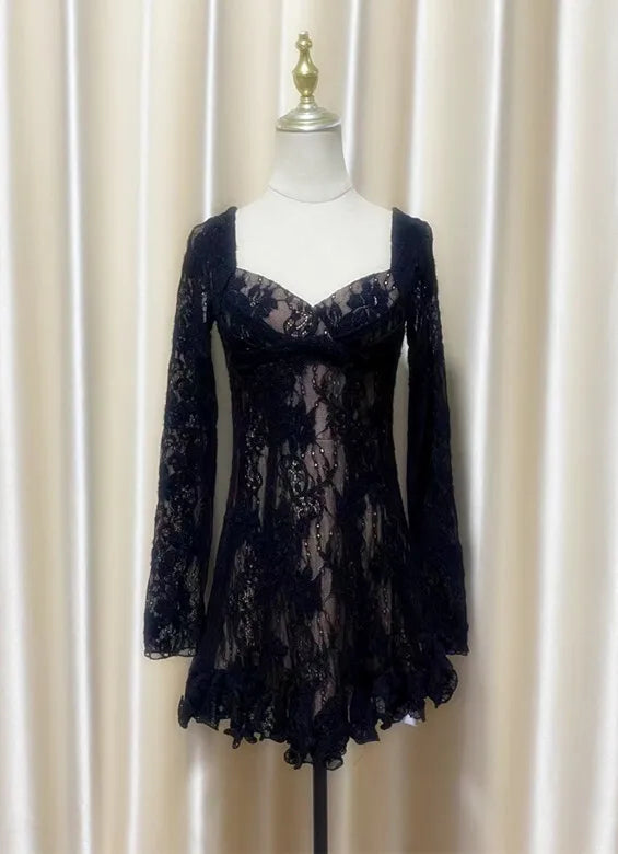 Hnewly Fashion Lace Dress Women's Square Collar Long Sleeve Backless Casual Dresses 2025 Summer New Tide