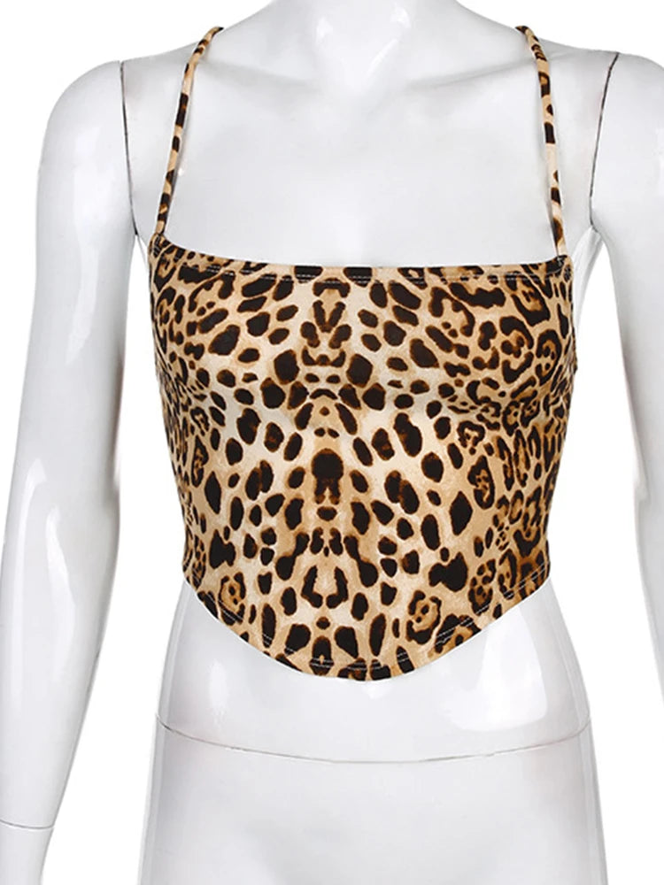 Hnewly Leopard Pattern Women Tank Tops Backless Sexy Rave Outfits Sleeveless Cross Lace Up Bralette Crop Top Summer Streetwear