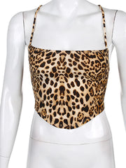 Hnewly Leopard Pattern Women Tank Tops Backless Sexy Rave Outfits Sleeveless Cross Lace Up Bralette Crop Top Summer Streetwear