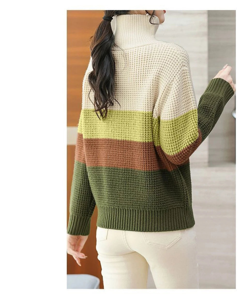 Hnewly  Knitted Stripe Sweater Women's Lapel V-neck Autumn Winter 2025 New Contrast Color Versatile Knitwear Long Sleeve Pullover Tops