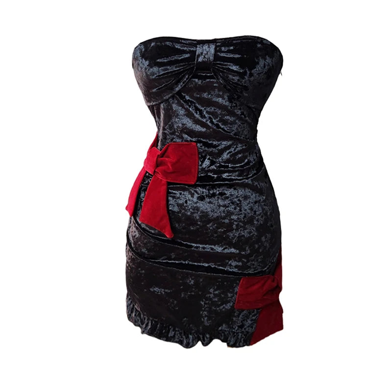 Hnewly CHRISTMAS DRESS TO IMPRESS Black Velvet Bowtie Mini Dress Women – hnewly