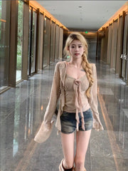 Hnewly  Sweet Vintage 3D Rose Halter Patchwork Camisole Vest+ Irregular Hollow Out Long Sleeve Cardigan Spring New Two Piece Sets