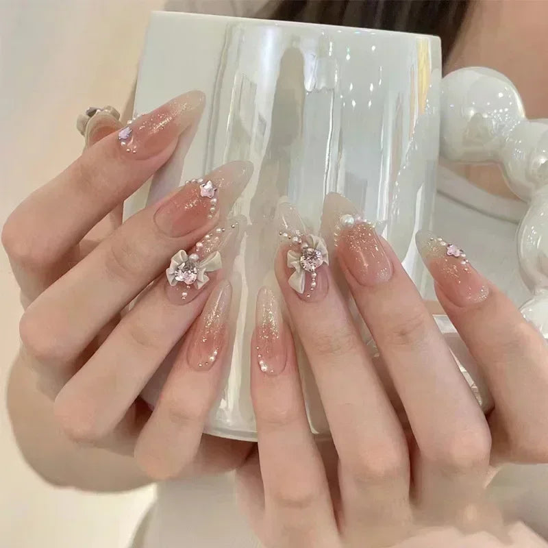 Hnewly 24Pcs Pink Almond French Press on Nails With 3D Bow ripple charms Design Fake Nails Ballerina False Nails Full Cover Nail Tips