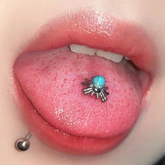 Hnewly  1Pc Trendy Punk Style Stainless Steel 1.6mm Spider Green Stone-Embedded Tongue Stud for Cool Girls Body Piercing Gift
