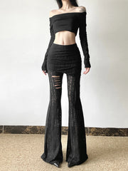 Hnewly  New large size fashion women's sexy hot girl low waist tie hollowed wrinkles broken holes leisure flared pants pants pants