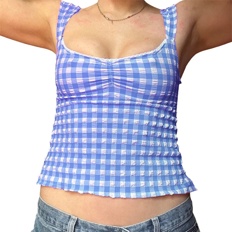 Hnewly y2k Tops for Women Summer Fairycore Clothing Plaid Print Lace Trim Sleeveless Tanks T Shirts 2000s Clothing Streetwear