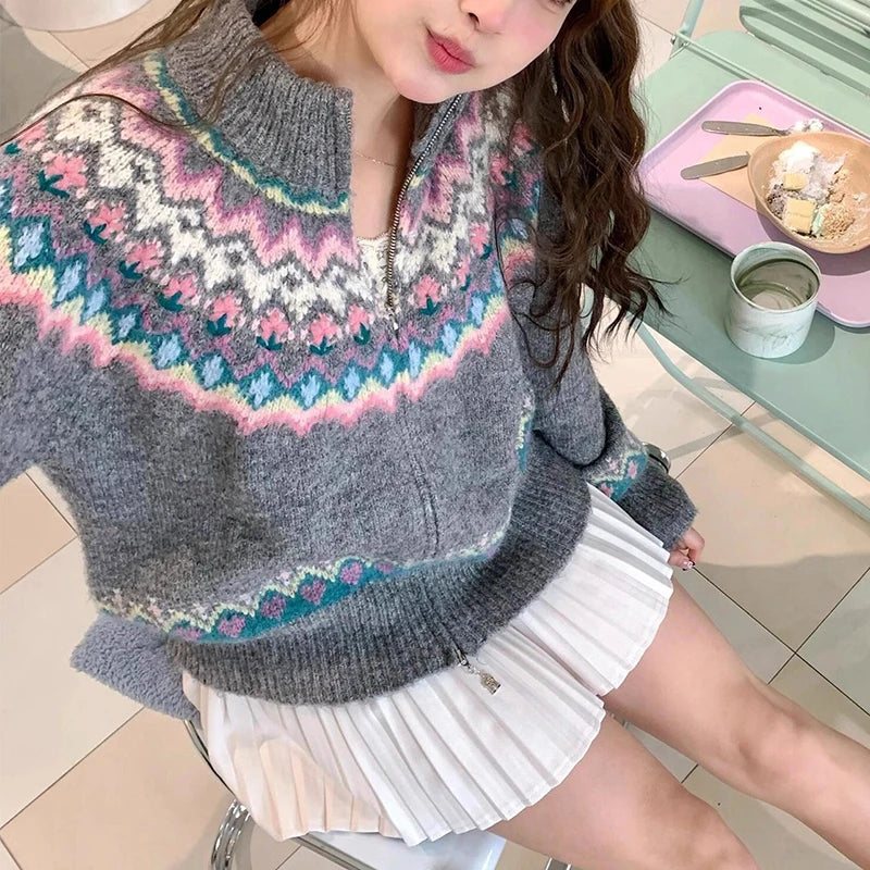 Hnewly  Women Fair Isle Sweater Cardigan Cute Pink Cozy Chunky Knit Collared Zip-up Sweater Jacket Teen-girl Fall Winter 90s Outfit