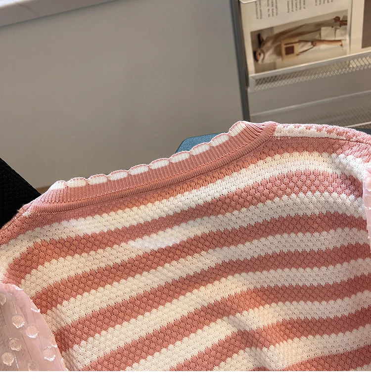 Hnewly  Striped knitted Sweater For Women's Spring Autumn French Elegant Round Neck Long Sleeved Patchwork Chiffon Loose All-Matched Top