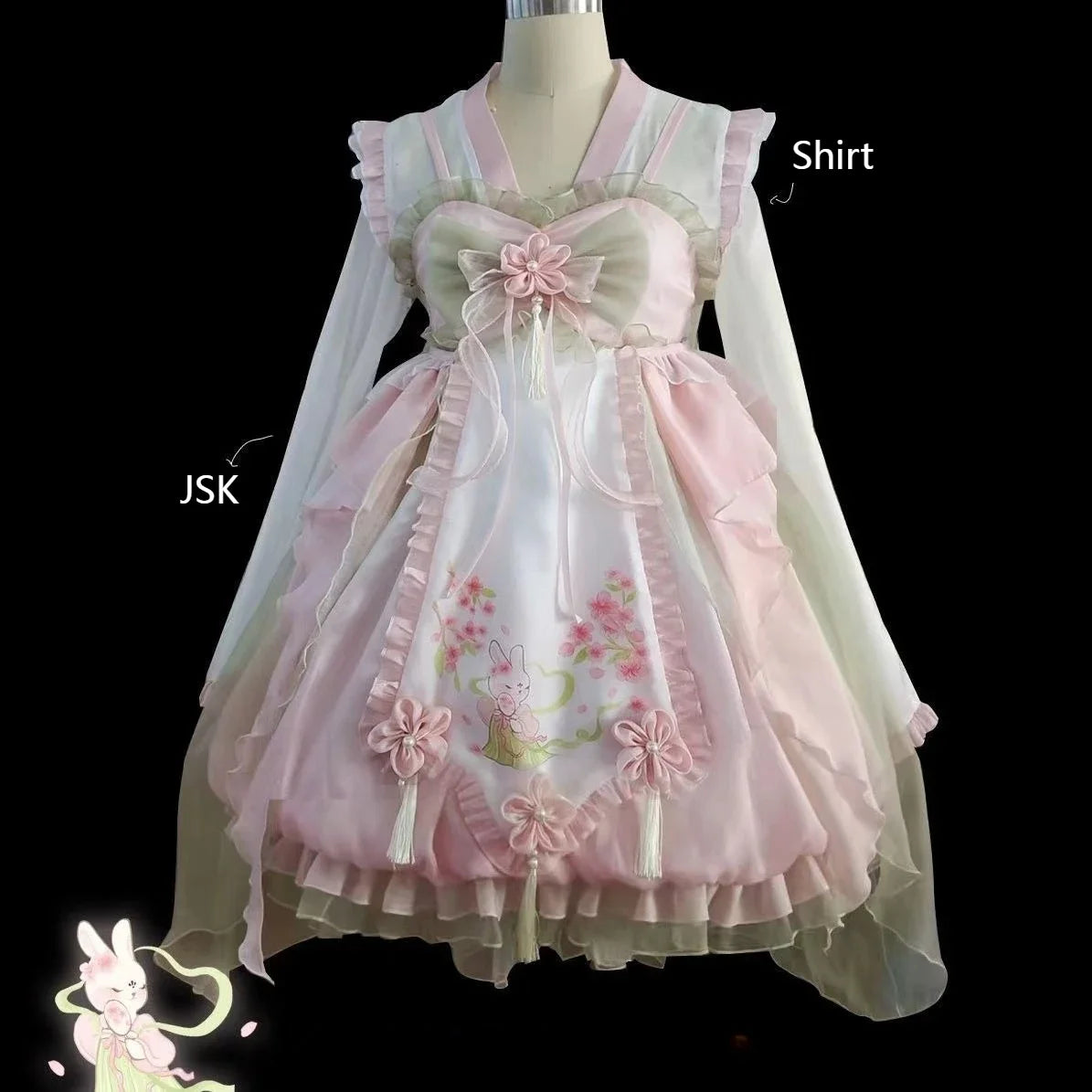 Hnewly  Sweet Lolita Princess Dress Women Cute Cartoon Rabbit Print Flower Ruffles Party Dresses Chinese Hanfu Style Kawaii Lolita Sets