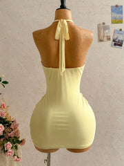Lunivop  Women's Sexy Deep V-Neck Halter Tie Ruched Mini Dress Yellow Beach Vacation Party Dress