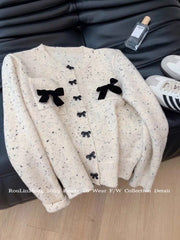 Hnewly  Korean Spring Autumn Bow Sweater  Single Breasted O-Neck  Chic Dot Knitted Cardigans Fashion Casual Long Sleeve Outerwear Top