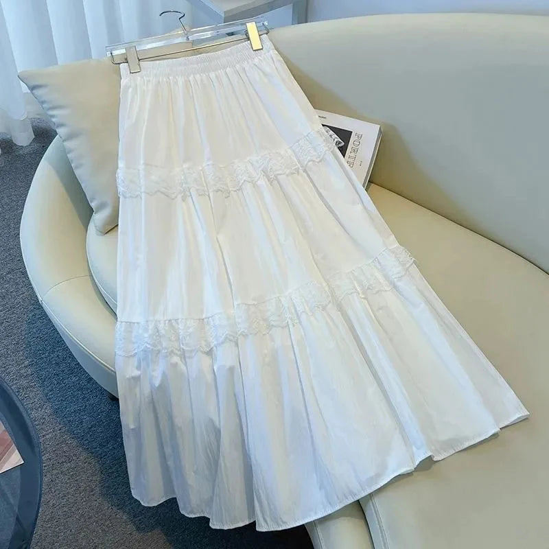 Hnewly Lace Patchwork White Midi Skirts for Women Y2K Loose Elastic High Waist Female Ruffles A Line Skirts Korean Elegant Skirt Mujer
