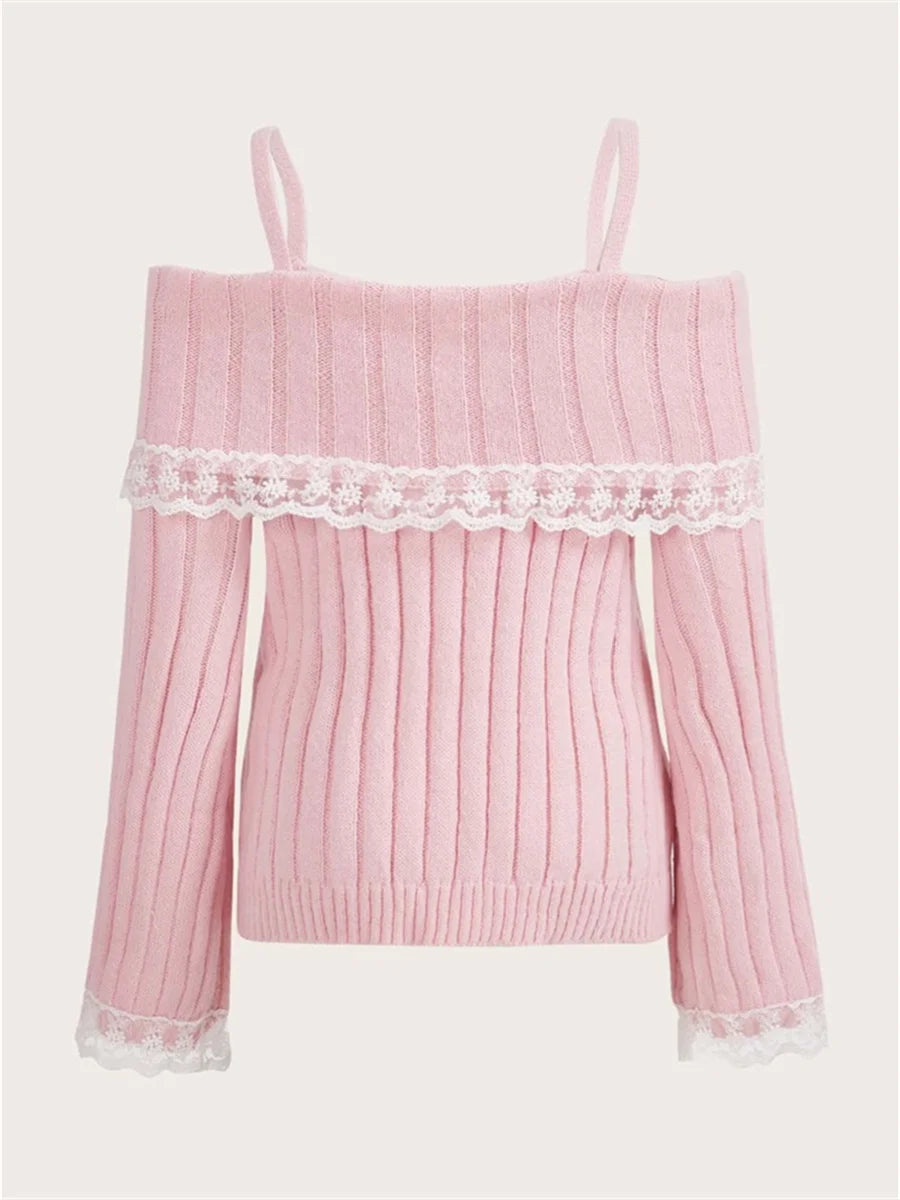 Hnewly WINTER OUTFITS Grunge Women Off Shoulder Knit Sweater Pink Pullover Sweet Pullovers  Long Sleeve Bow Lace Patchwork Jumpers Y2k Streetwear
