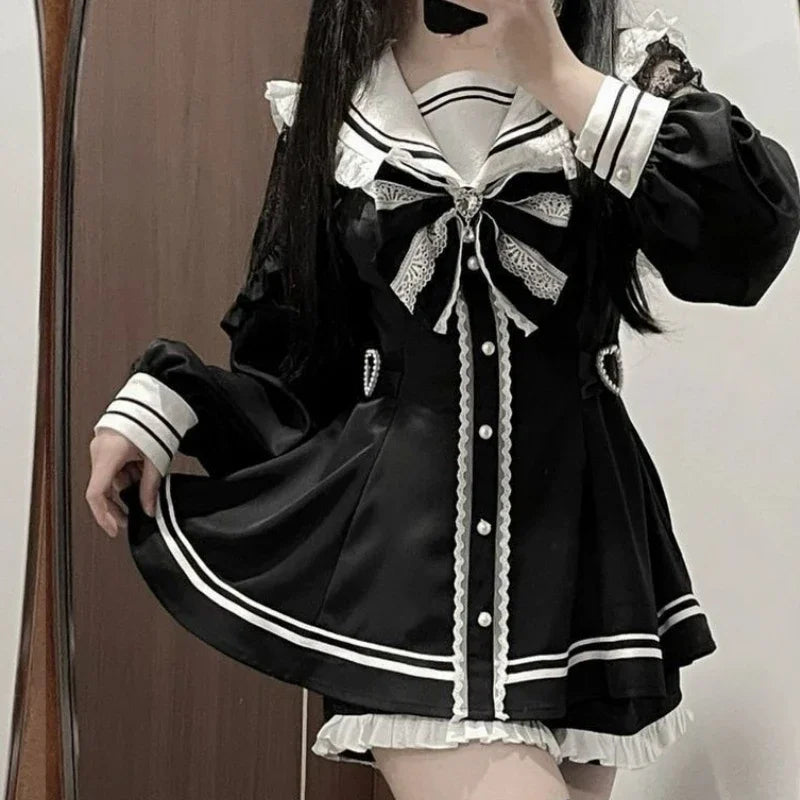 Hnewly DRESS TO IMPRESS Japanese Black Gothic Y2k Lolita Bow Dress Shorts Set Women Vintage Sweet Long Sleeve Shirt Party Dresses Slim Mini Dress 2000s